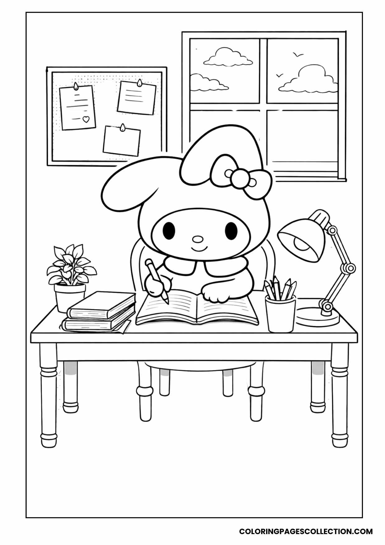 aesthetic study desk scene coloring page