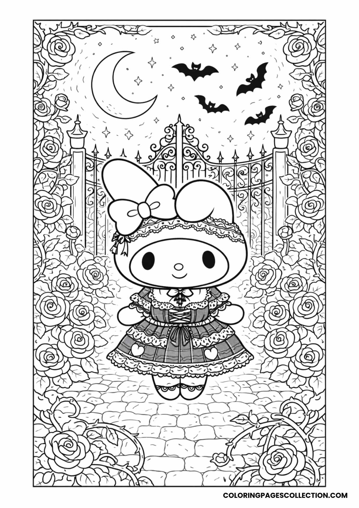 dark cute gothic garden scene coloring page