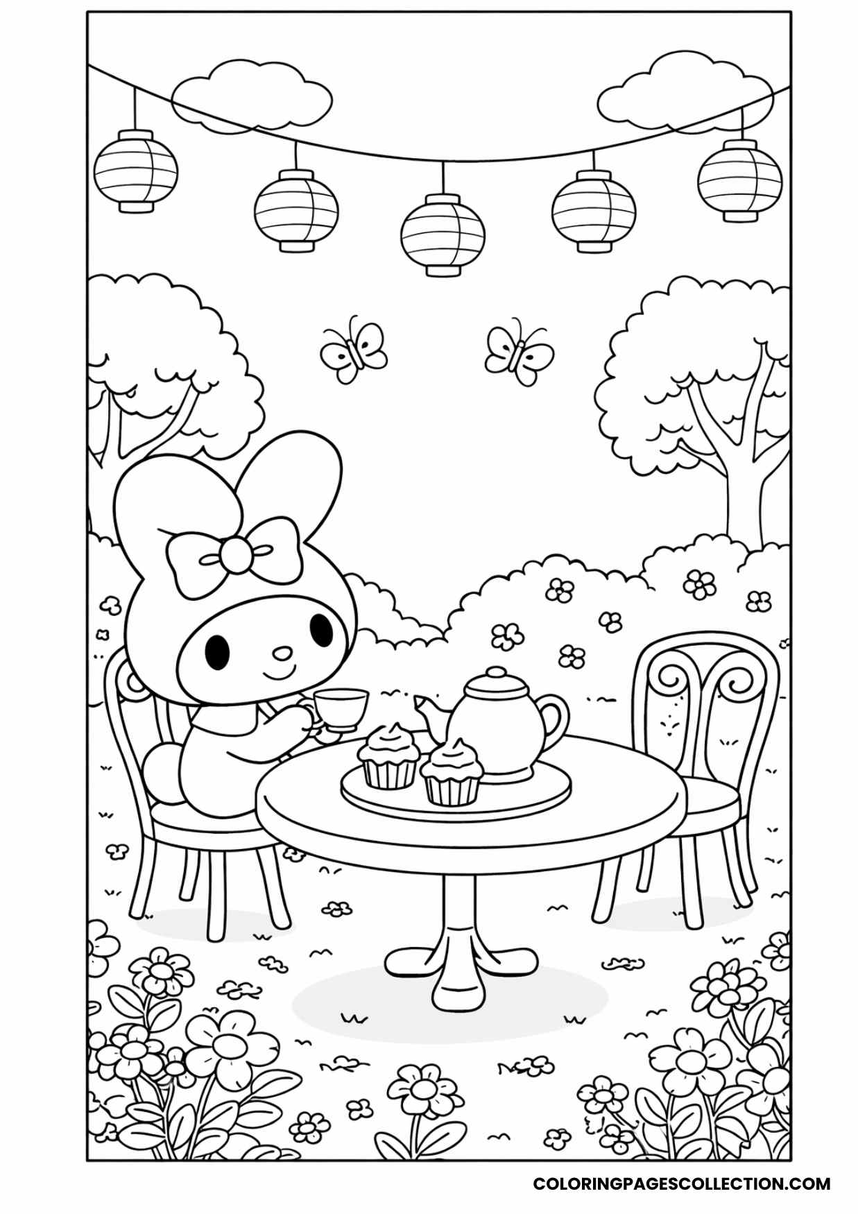 my melody tea party in garden coloring page