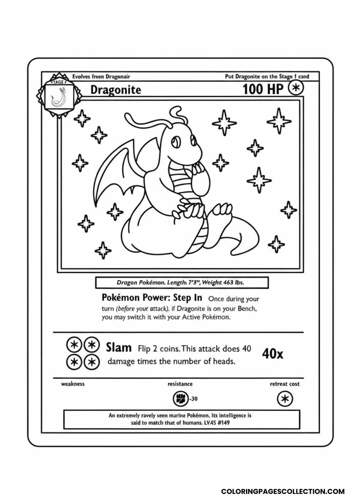 dragonite pokemon card coloring page