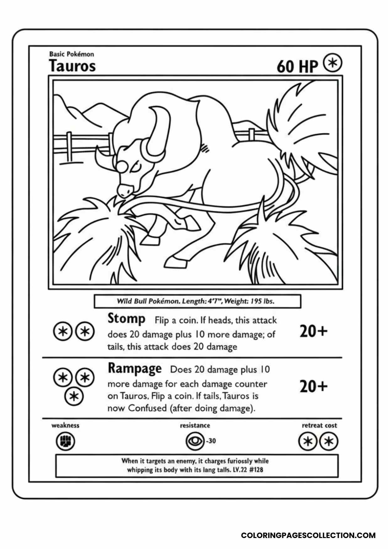 tauros pokemon card coloring page