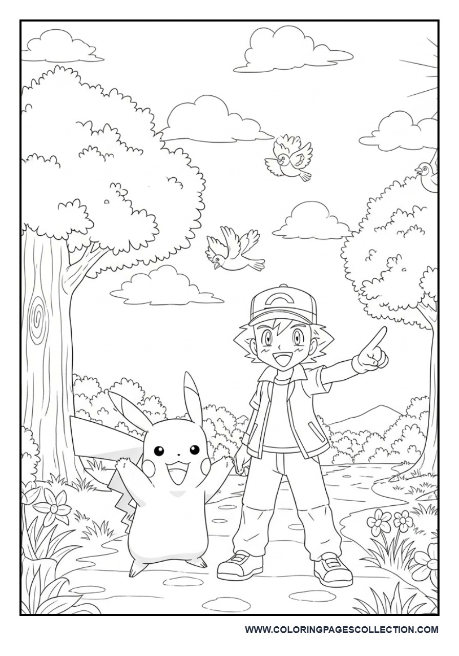 Ash and Pikachu Adventure Coloring Page