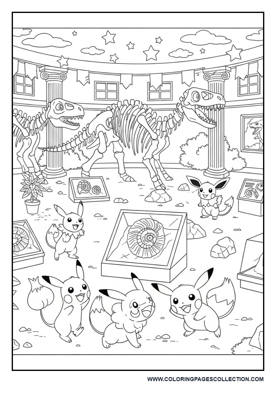 Pokémon Dinosaur Museum Coloring Page
