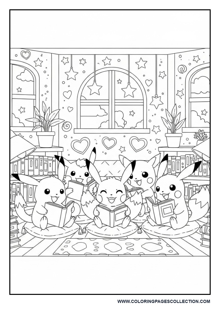 Pokémon Library Reading Coloring Page
