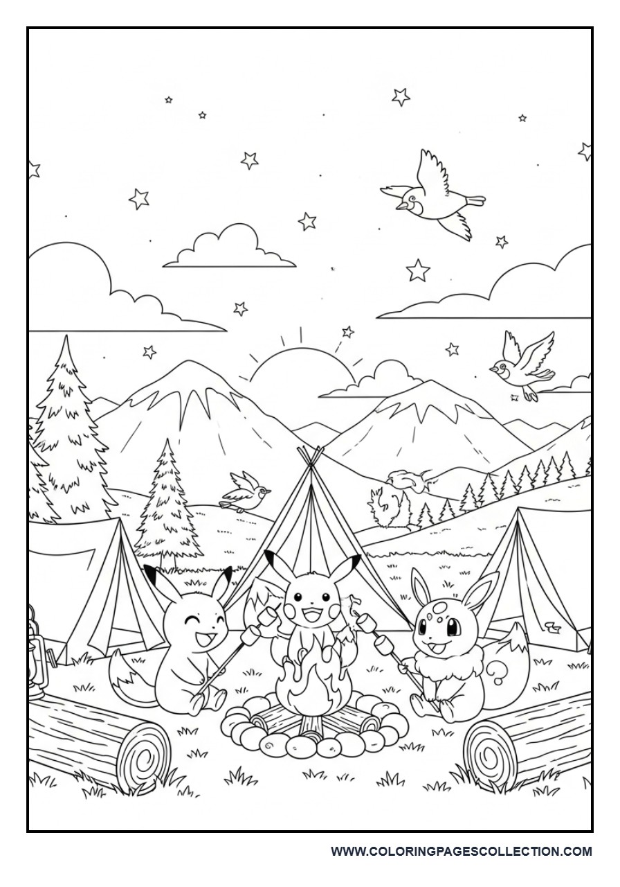 Pokémon Sunset Campfire Coloring Page