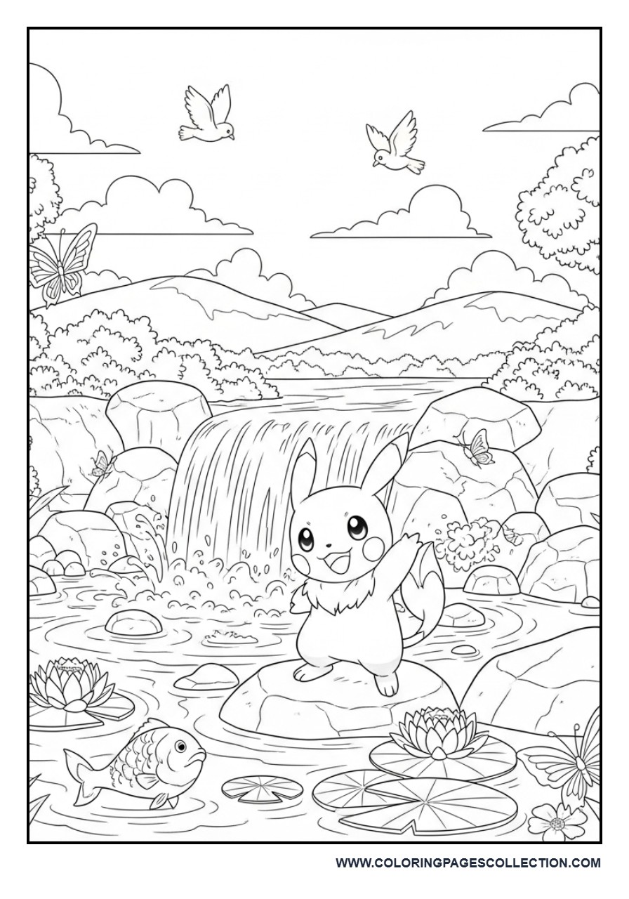 Pokémon Waterfall Adventure Coloring Page