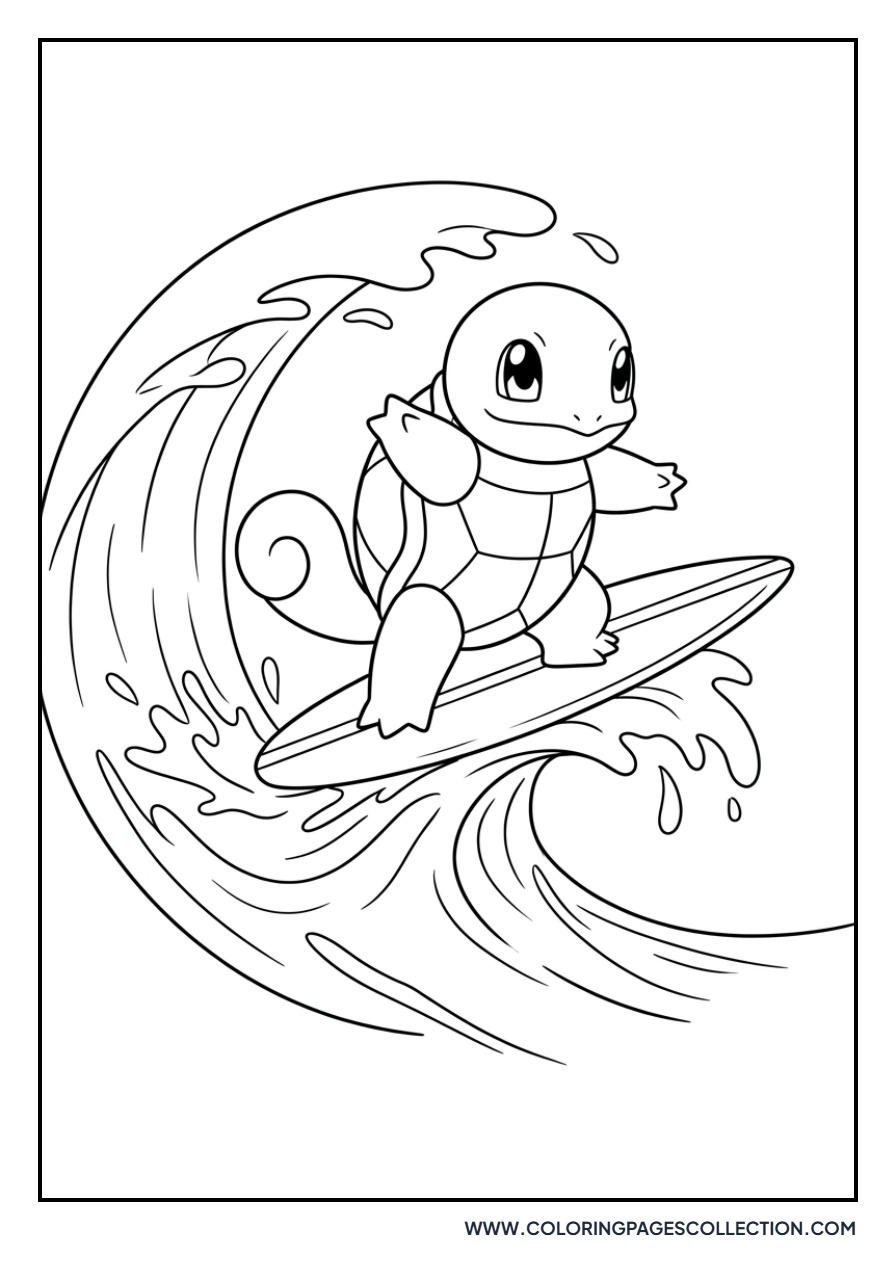 Squirtle with a Surfboard in the Ocean