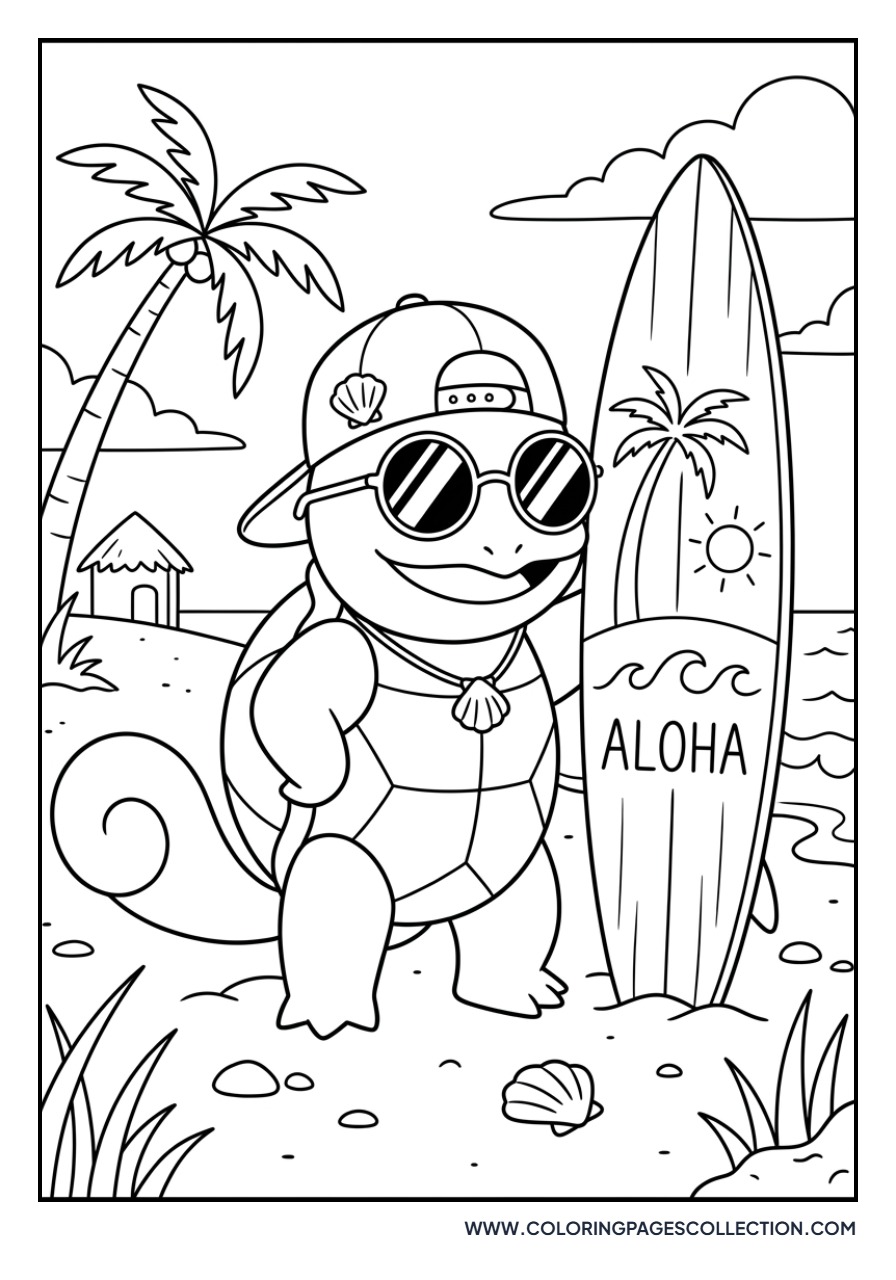 Squirtle with Sunglasses and Surfboard