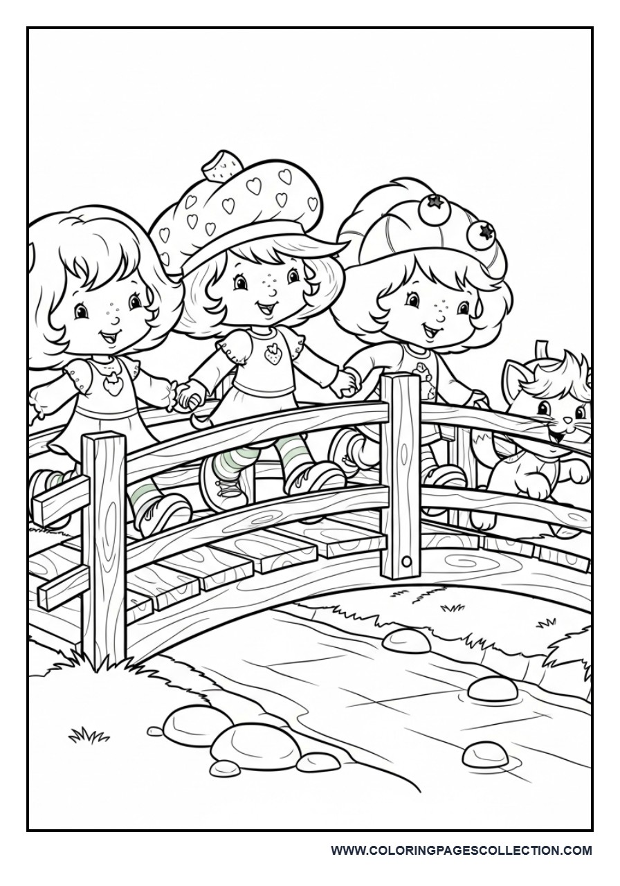 Strawberry Shortcake and Friends Walking Across a Wooden Bridge