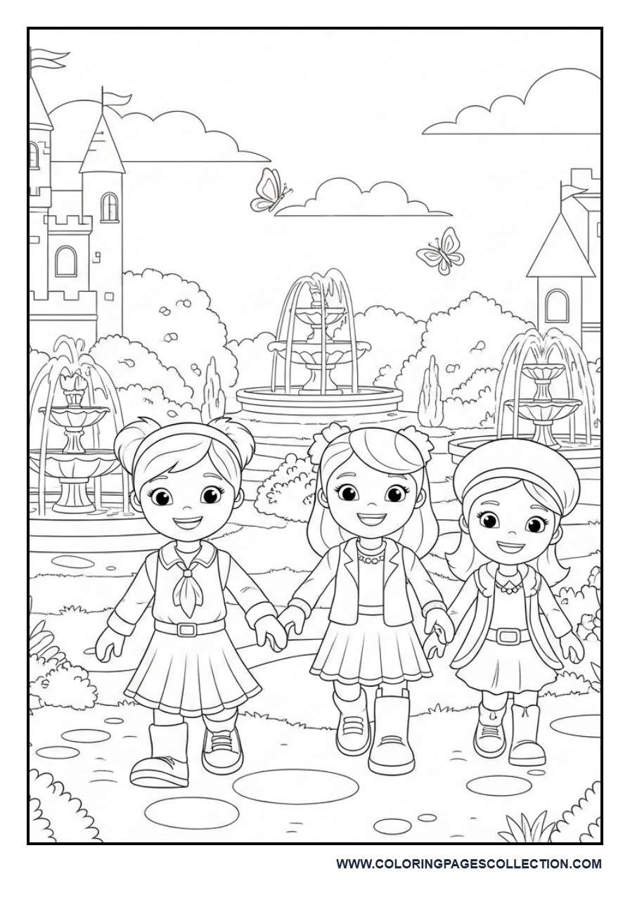 Toy Friends Exploring a Castle Garden
