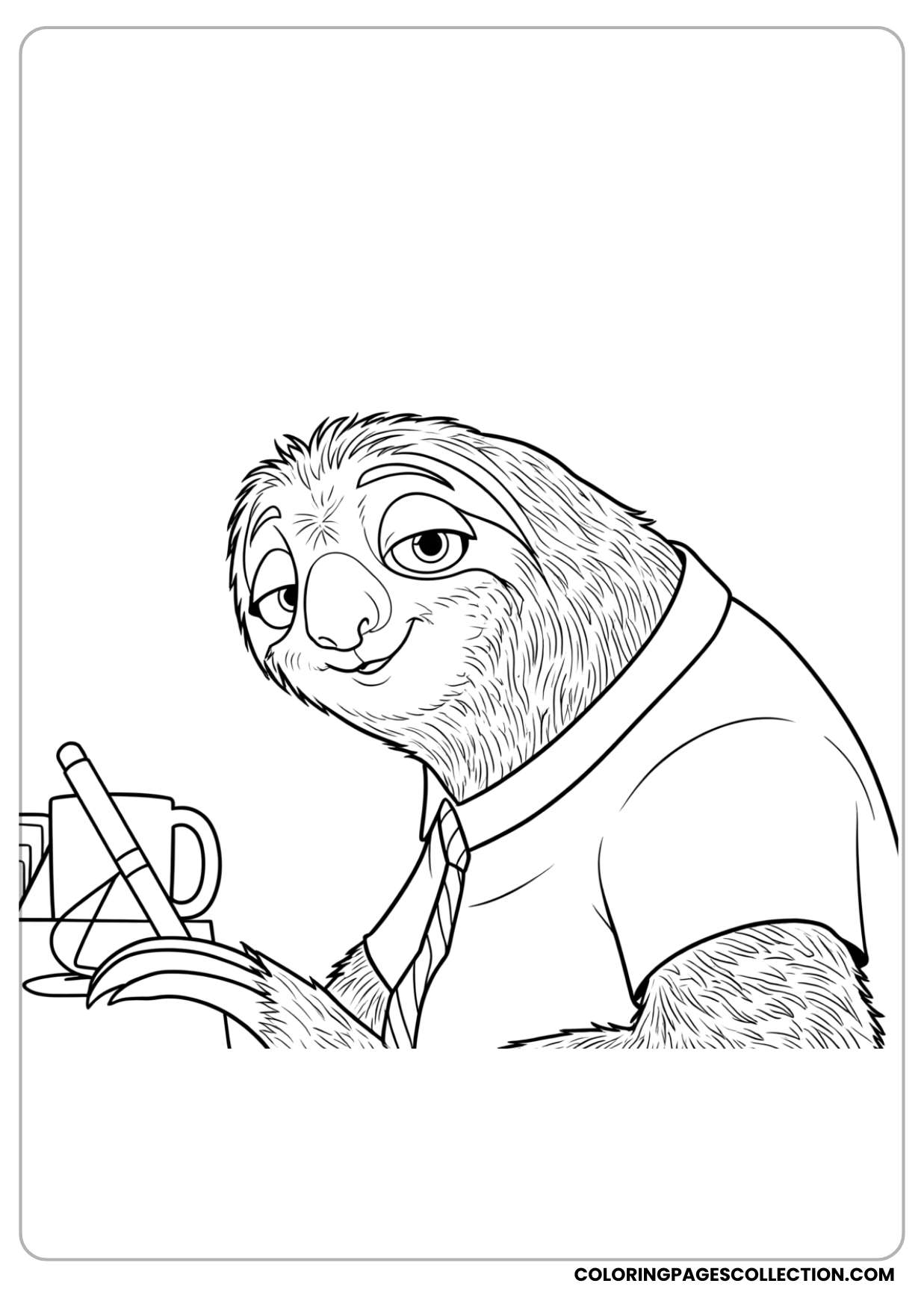 flash the friendly sloth close-up coloring page