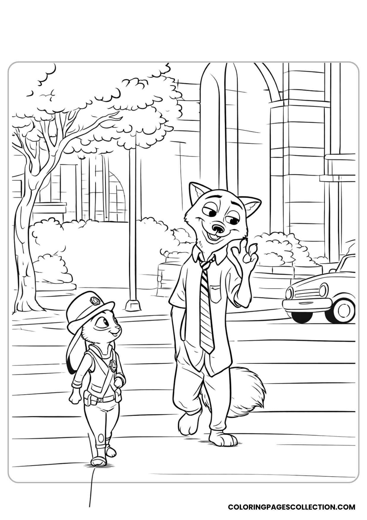 nick wilde and judy hopps walking together coloring page