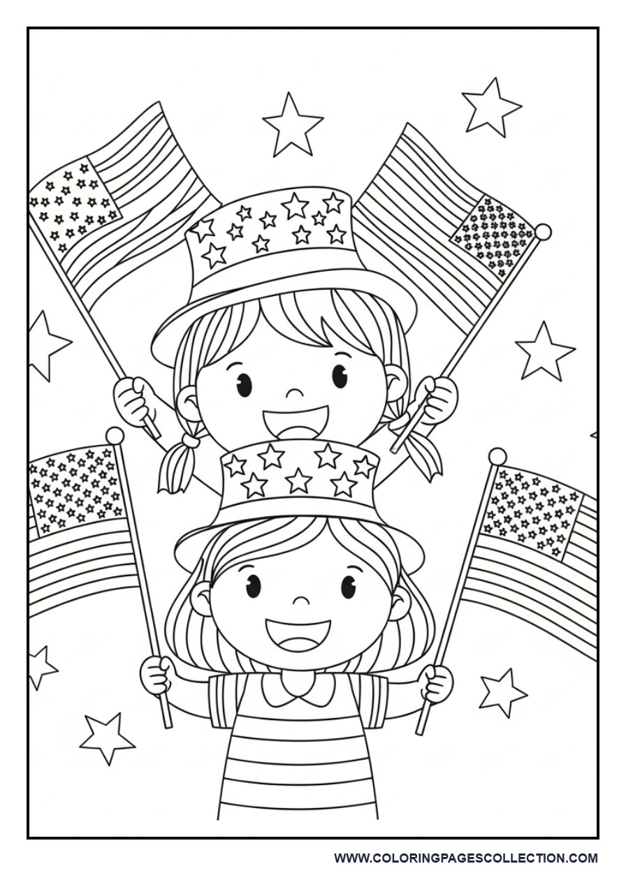 Happy Kids Holding American Flags