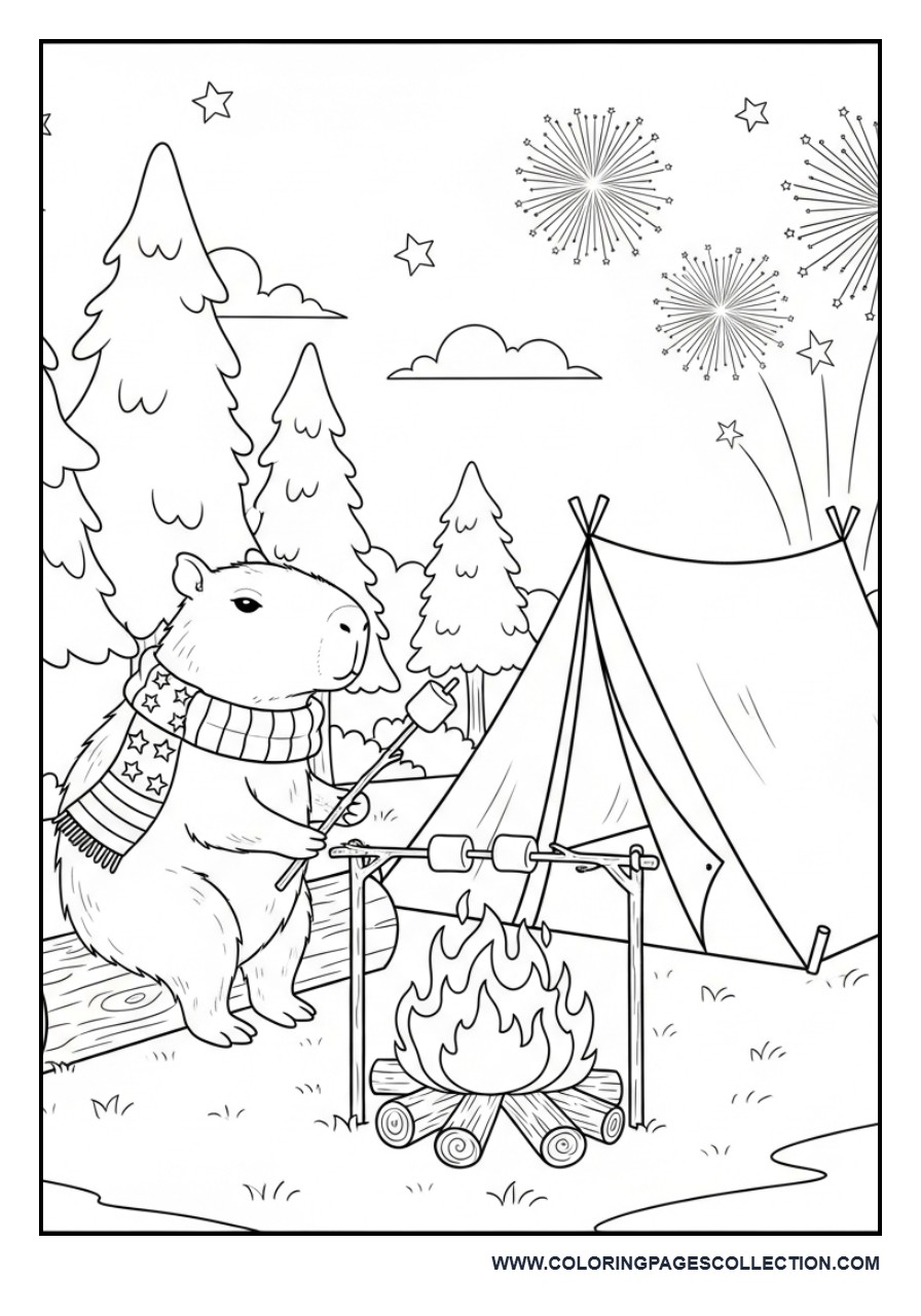Patriotic Capybara Relaxing by Campfire