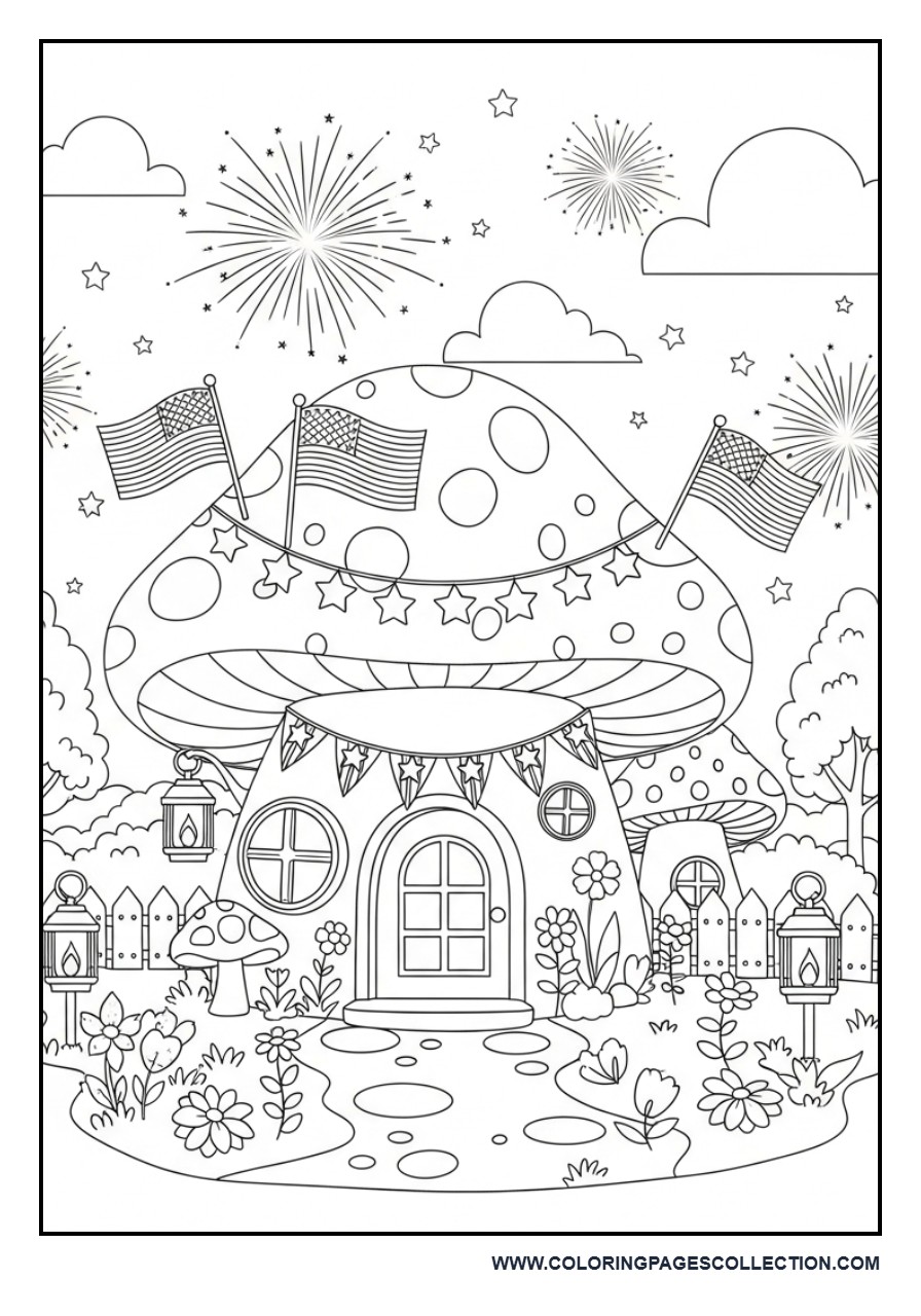 Patriotic Mushroom Cottage Scene