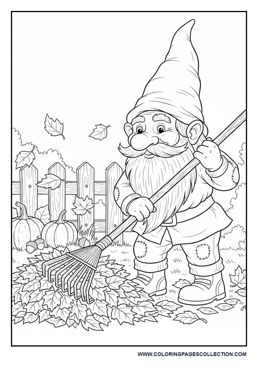 Autumn Gnome Raking Leaves