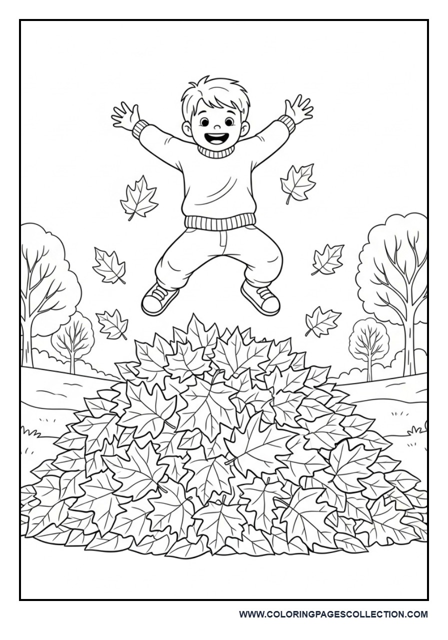 Child Jumping in Leaf Pile
