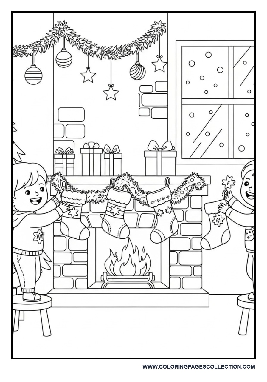 Children Hanging Christmas Stockings