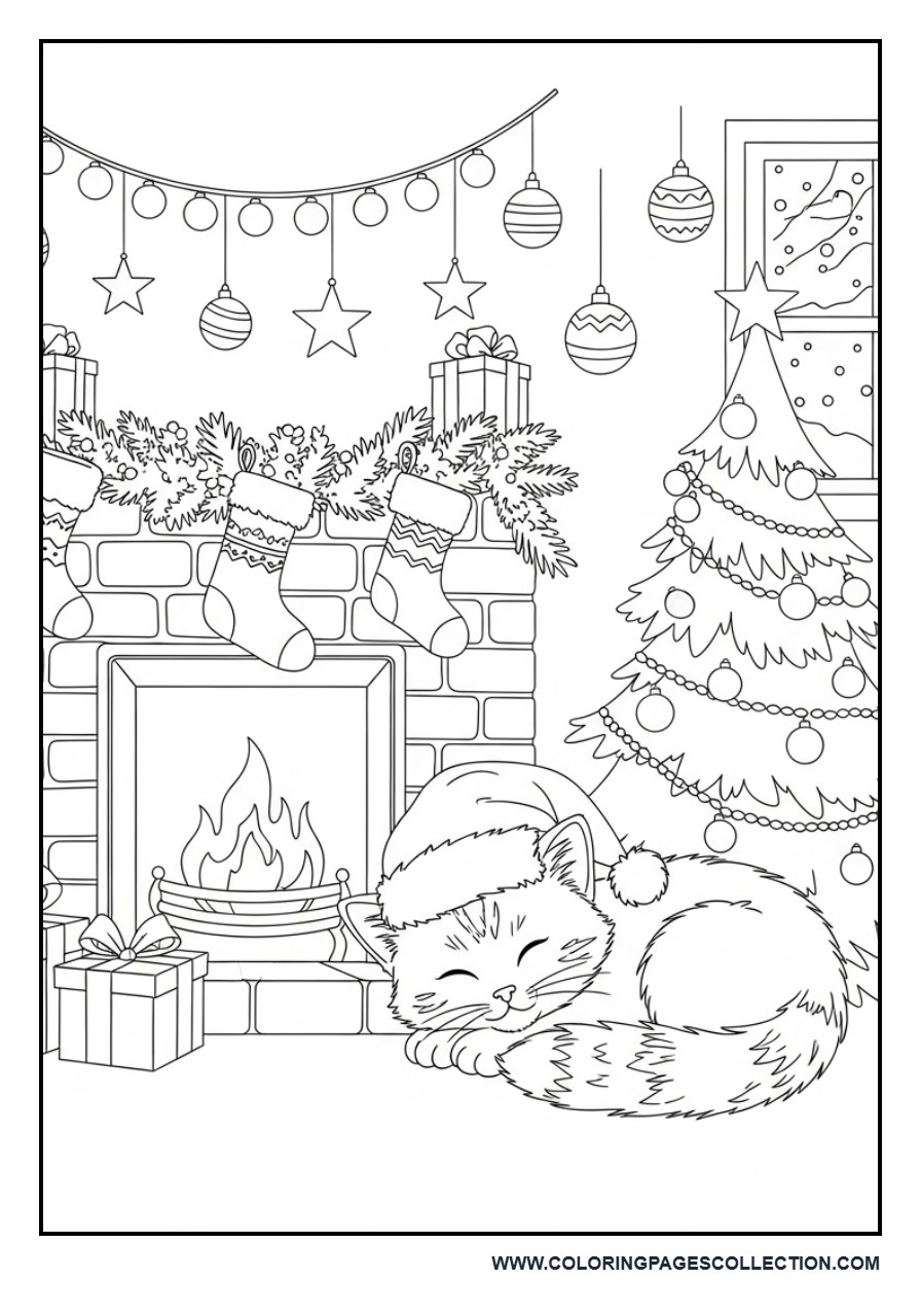 Christmas Cat Sleeping by the Fireplace