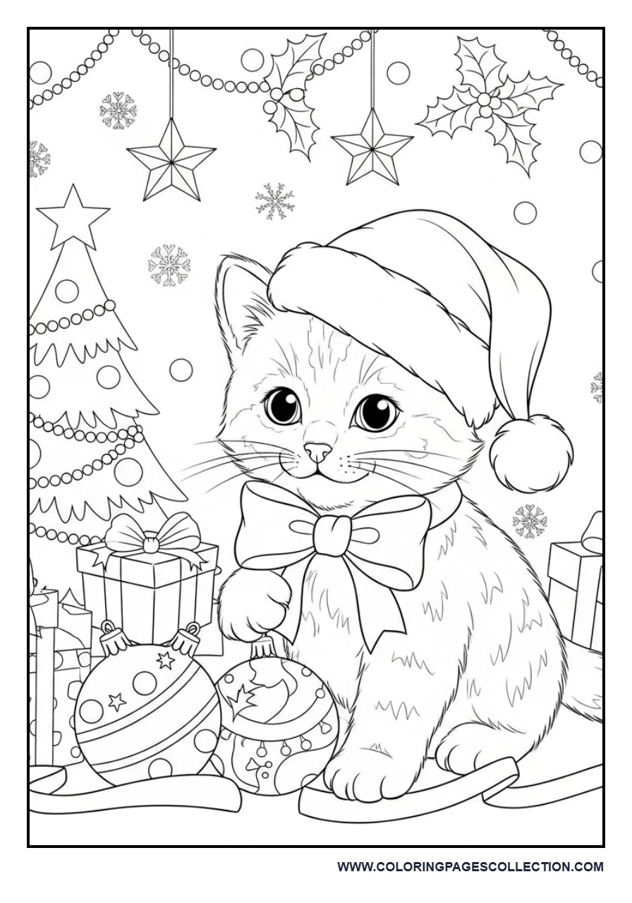 Christmas Kitten Playing with Ornaments