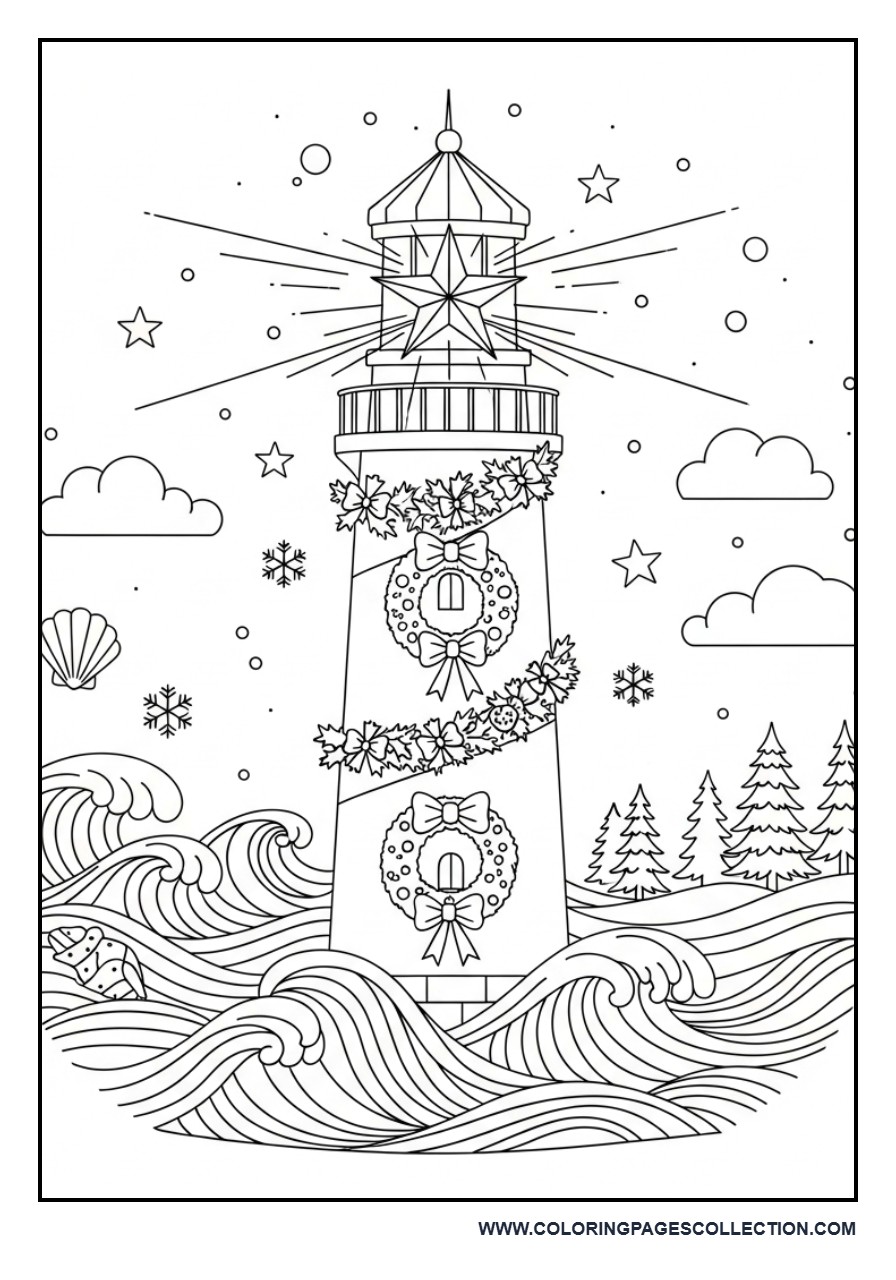 Christmas Lighthouse by the Sea