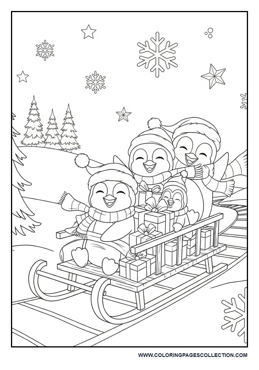 Christmas Penguin Family on a Sled