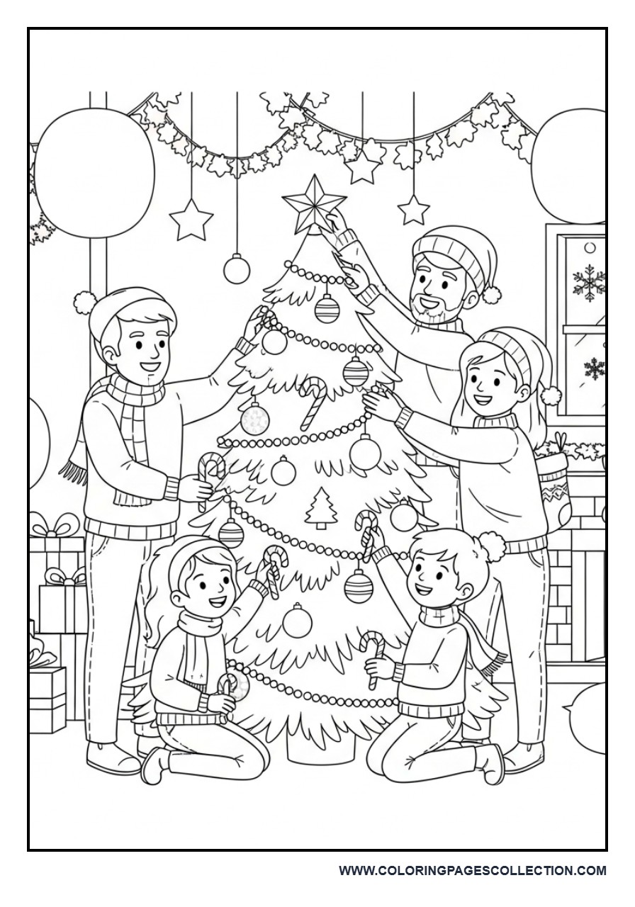 Family Decorating the Christmas Tree