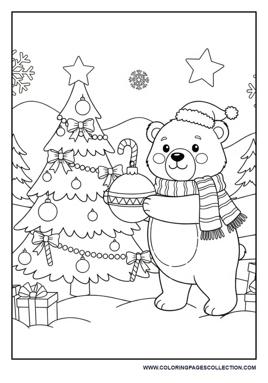 Polar Bear Decorating a Christmas Tree