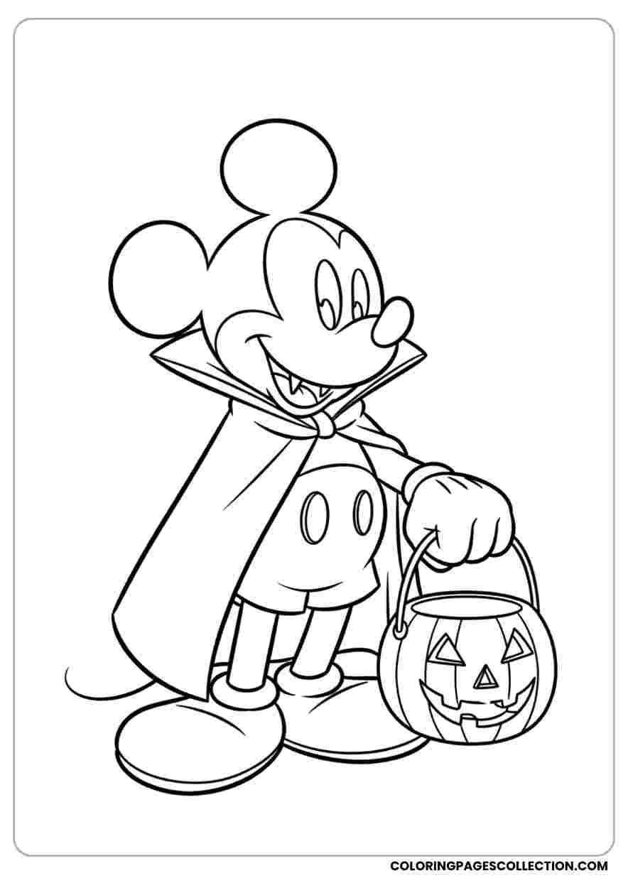 Mickey Vampire with Pumpkin Bucket Coloring Page