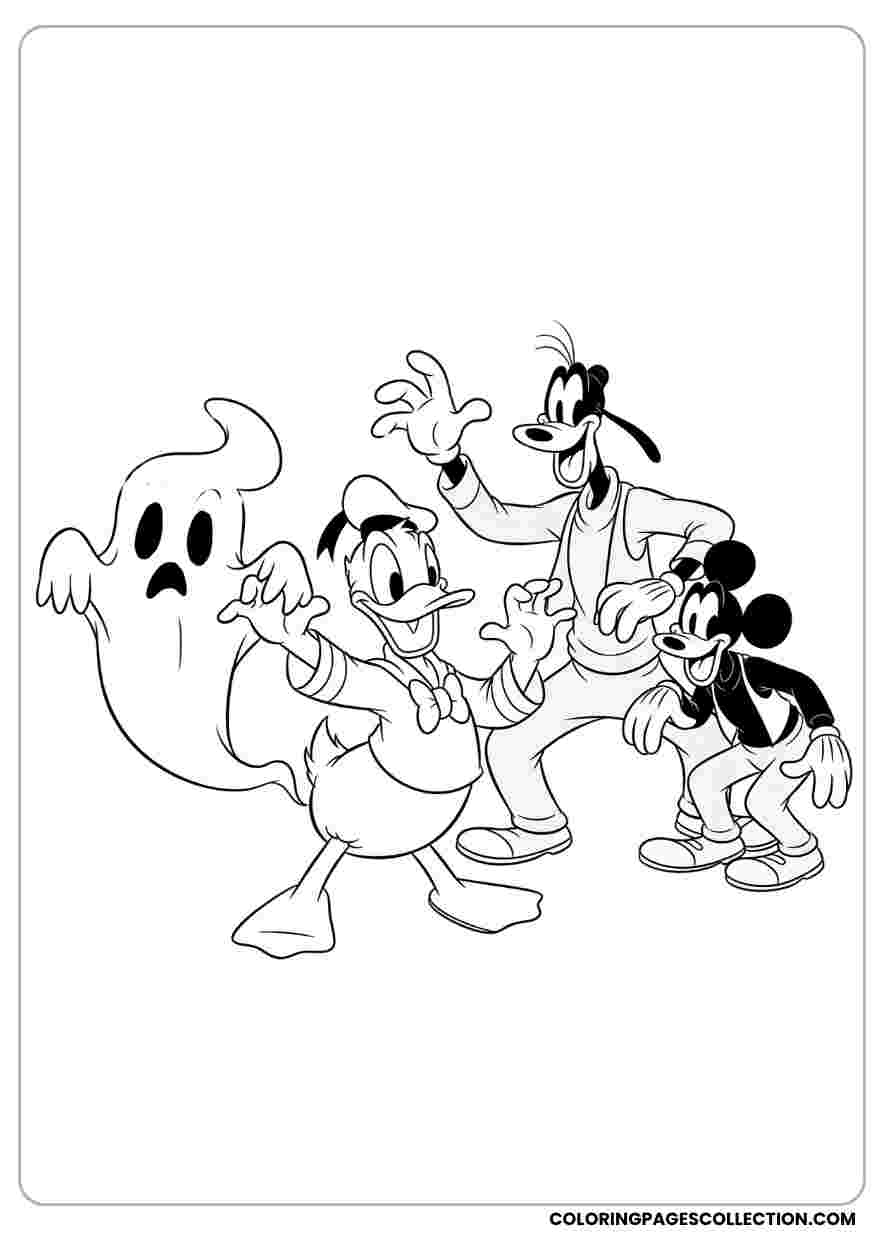Donald Ghost Scaring Mickey & Goofy Coloring Page