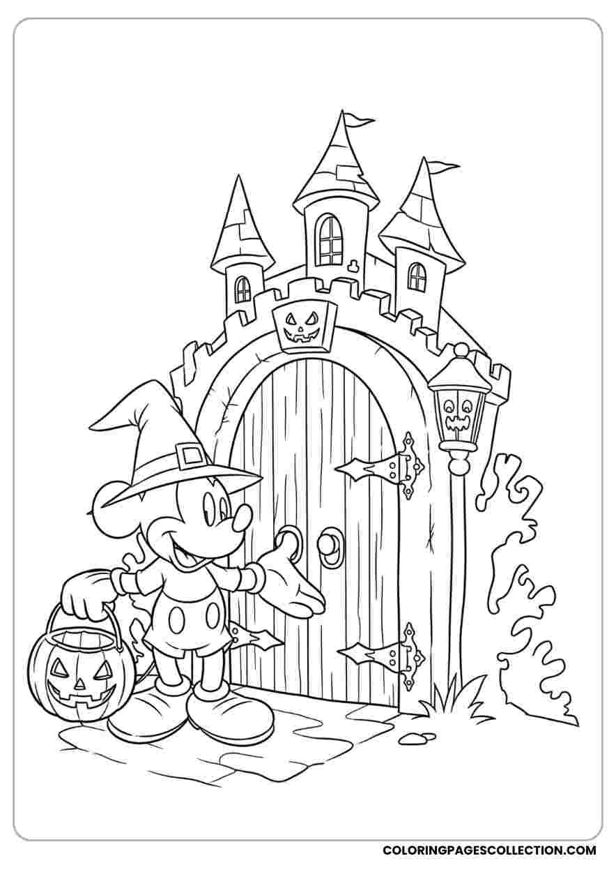 Mickey Trick-or-Treating at Castle Coloring Page