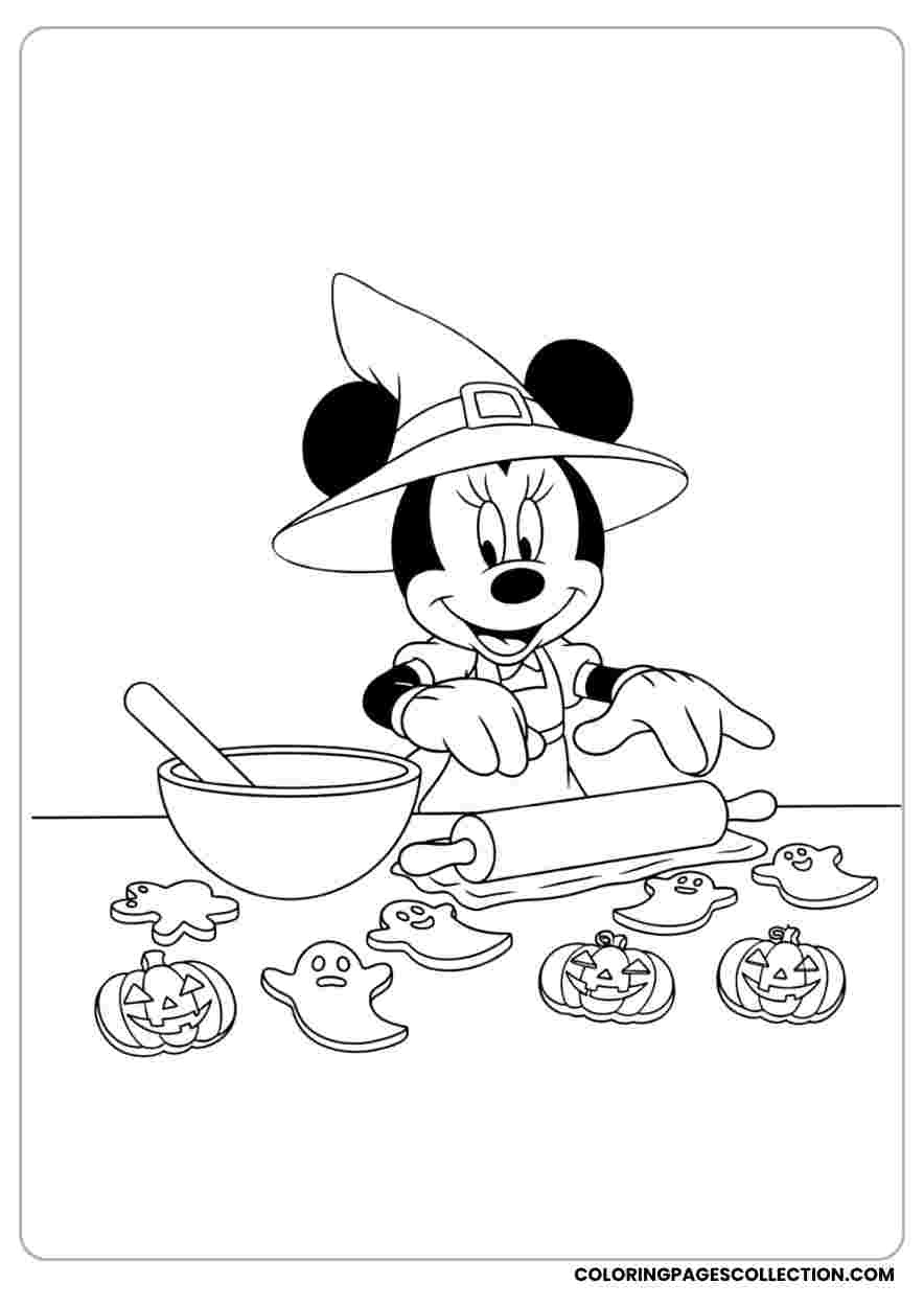 Minnie Baking Halloween Cookies Coloring Sheet