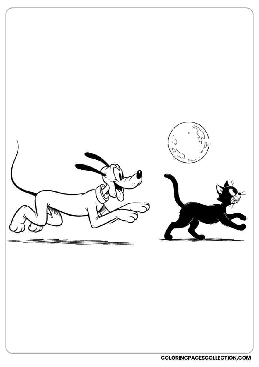Pluto Chasing Black Cat Coloring Page