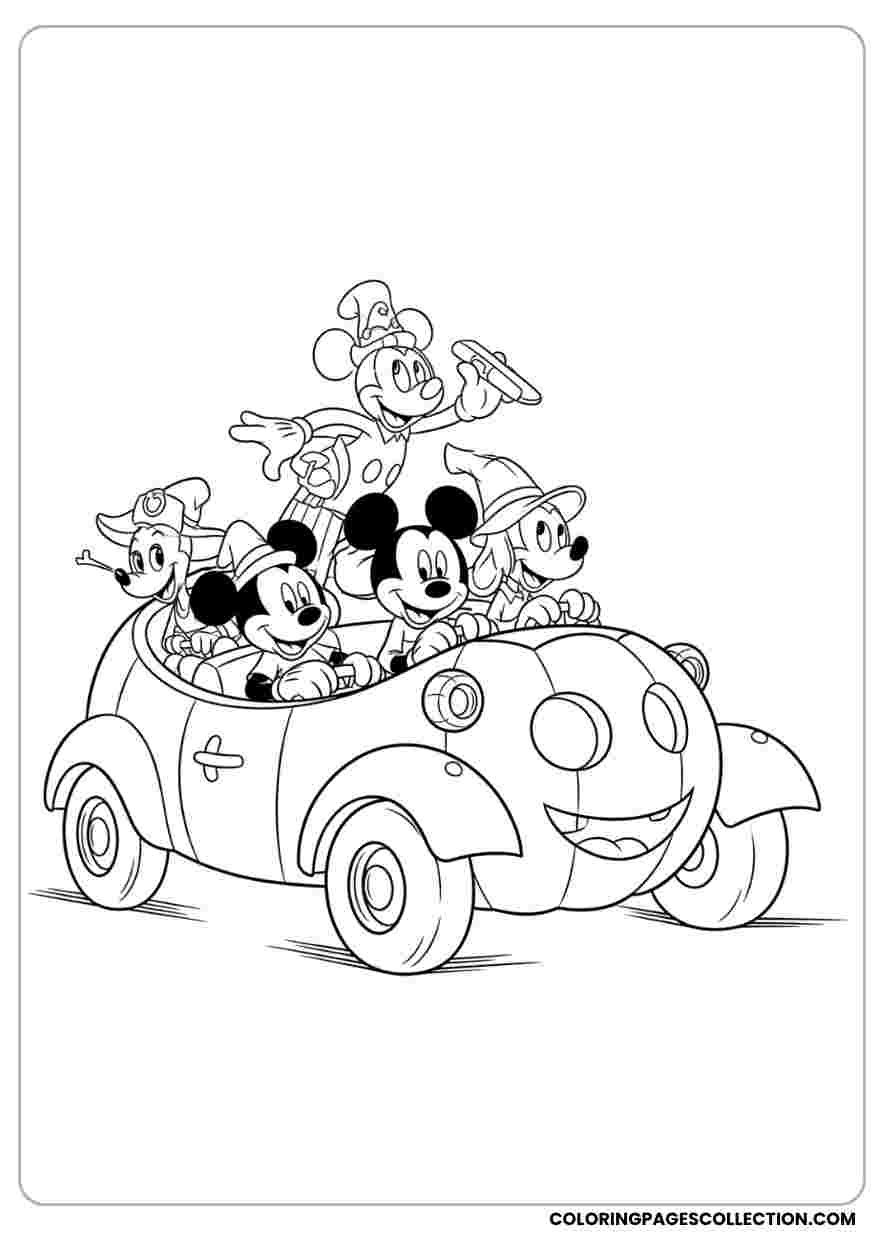 Mickey & Friends in Pumpkin Car Coloring Sheet