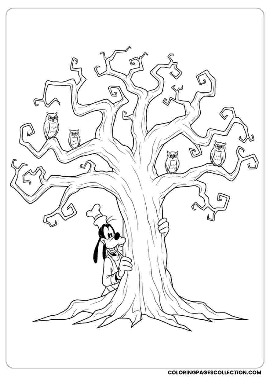 Goofy Hiding Behind Spooky Tree Coloring Sheet