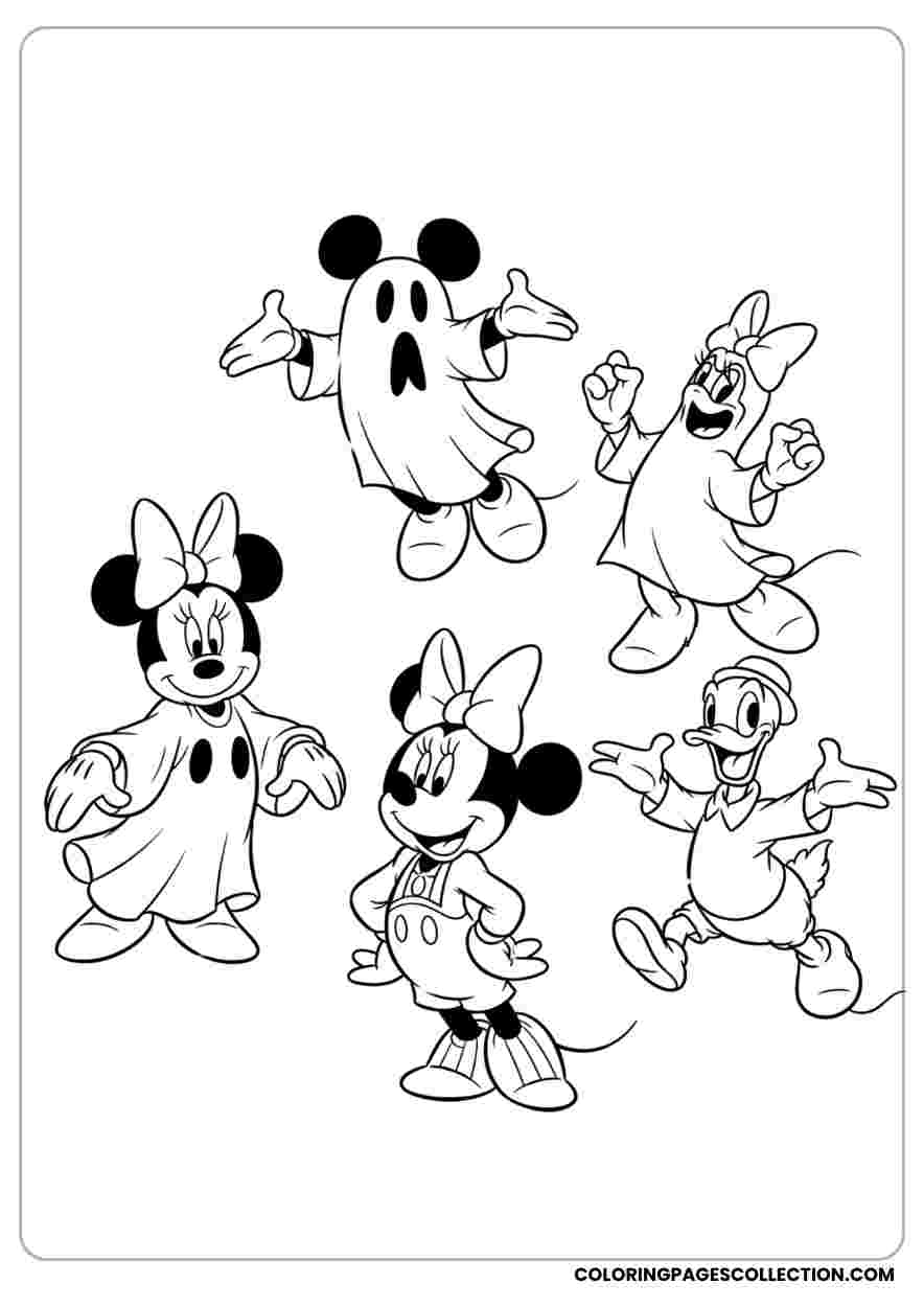 Mickey, Minnie & Donald as Ghosts Coloring Page