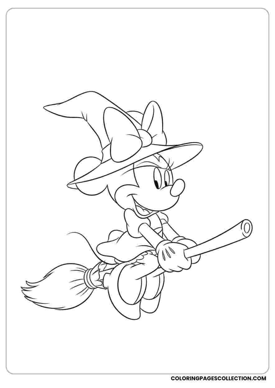 Minnie Witch on Broom Coloring Sheet