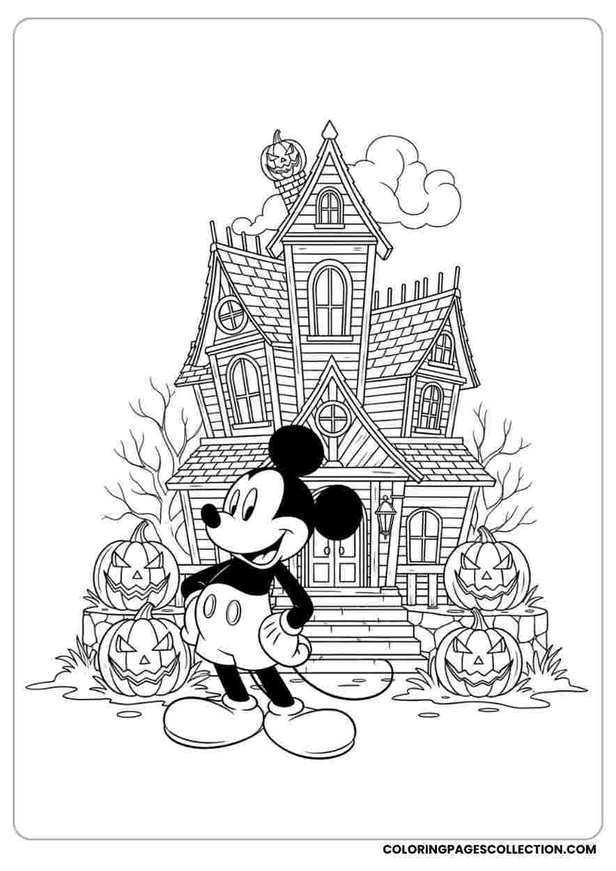 Mickey at Haunted House with Pumpkins Coloring Sheet