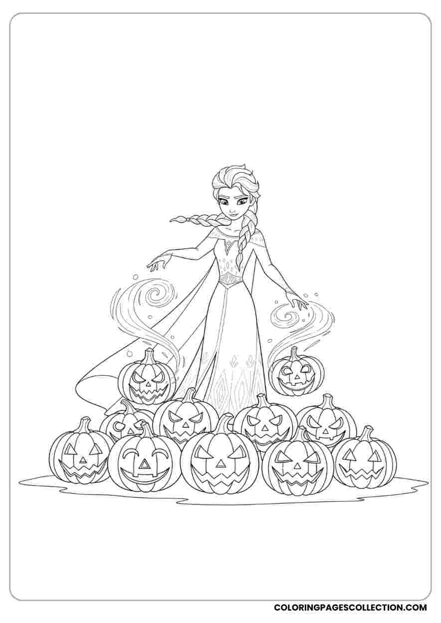 Elsa Casting Ice Magic on Pumpkins Coloring Sheet