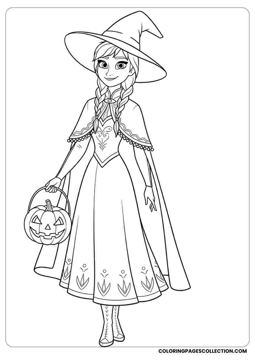 Anna Witch with Pumpkin Basket Coloring Page
