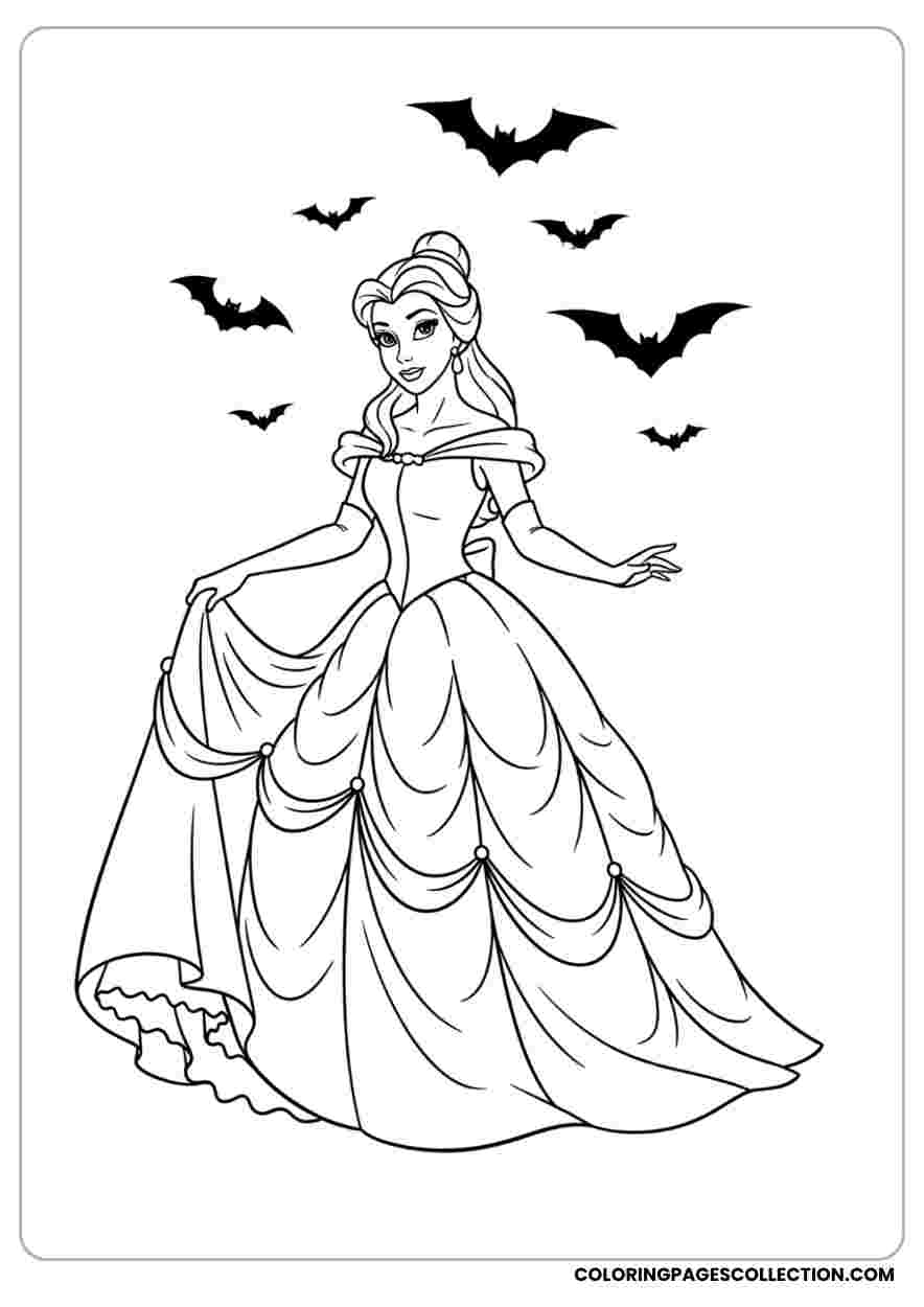 Belle Witch with Flying Bats Coloring Sheet