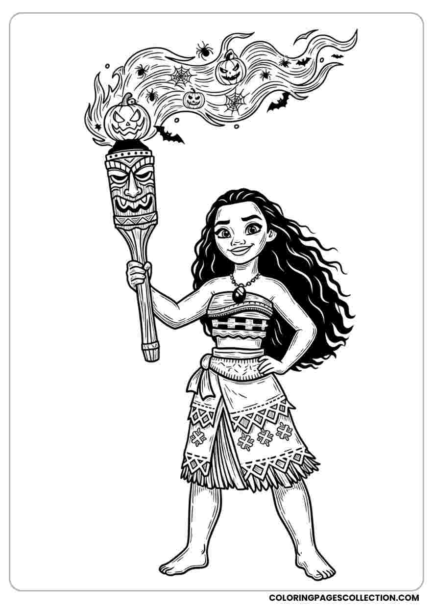 Moana with Spooky Tiki Torch Coloring Sheet