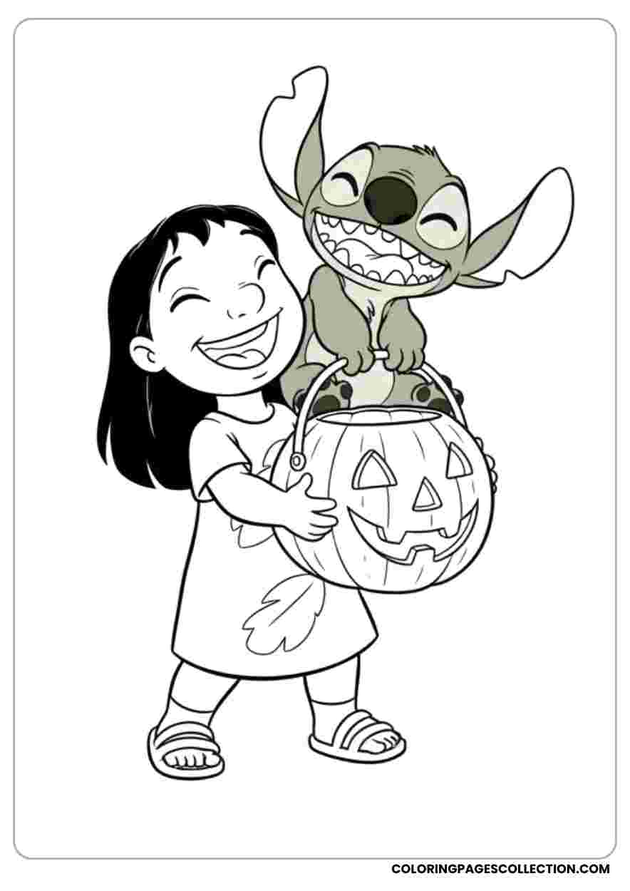 Lilo Trick-or-Treating with Stitch Coloring Sheet