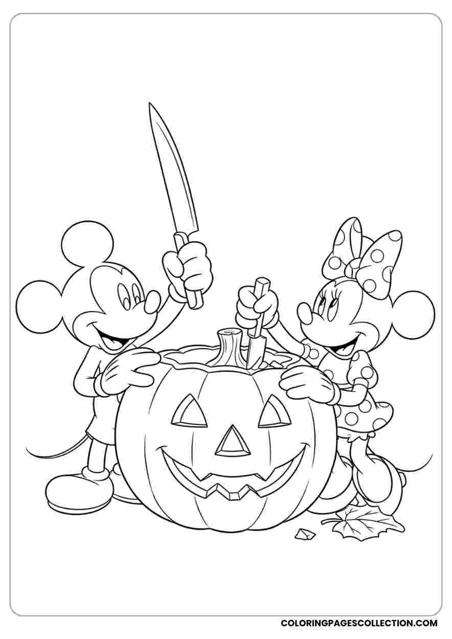 Mickey & Minnie Carving Jack-o’-Lantern Coloring Page