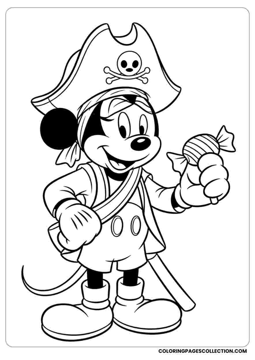 Mickey Pirate with Candy Coloring Page