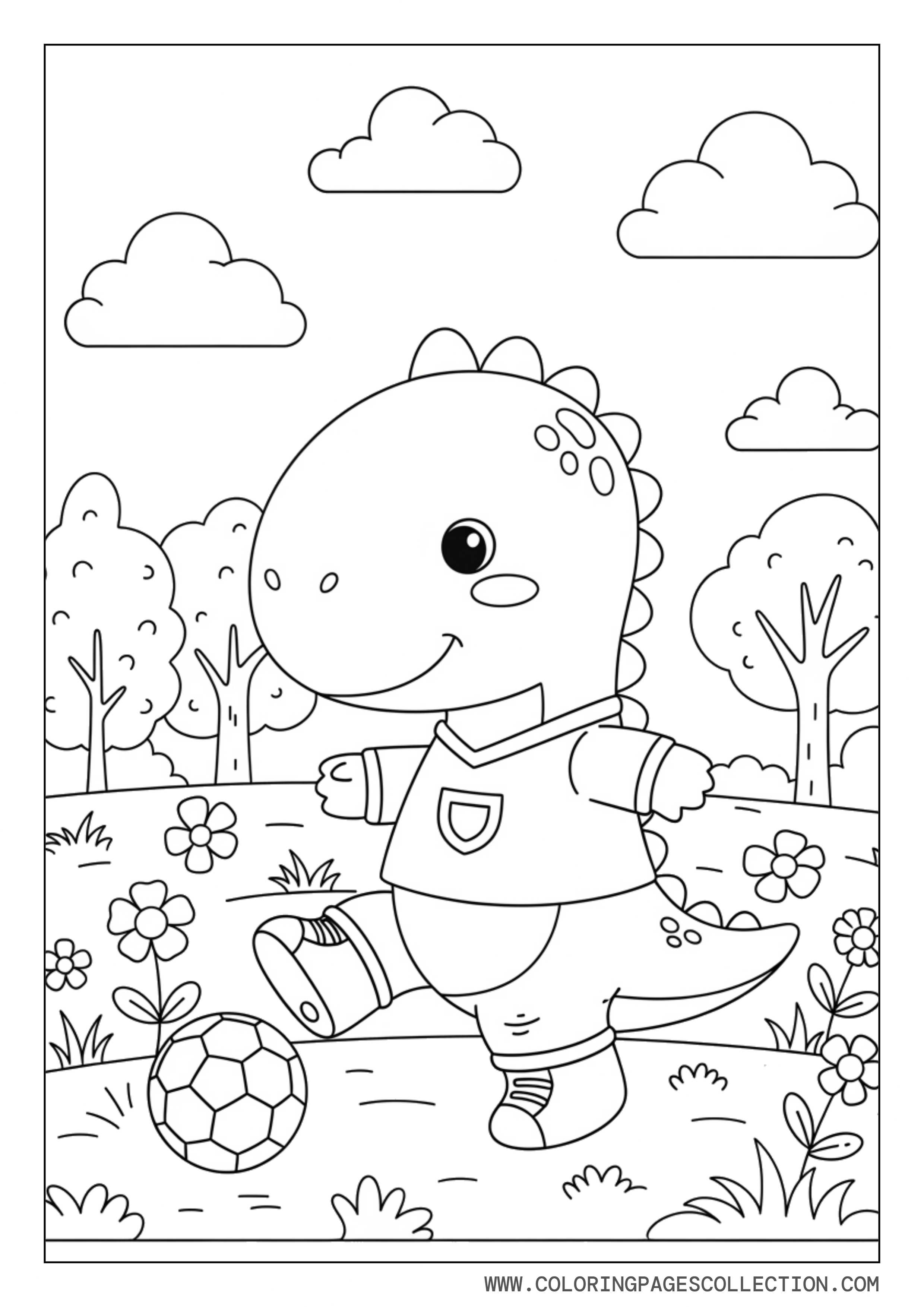 Cute Dinosaur Playing Soccer