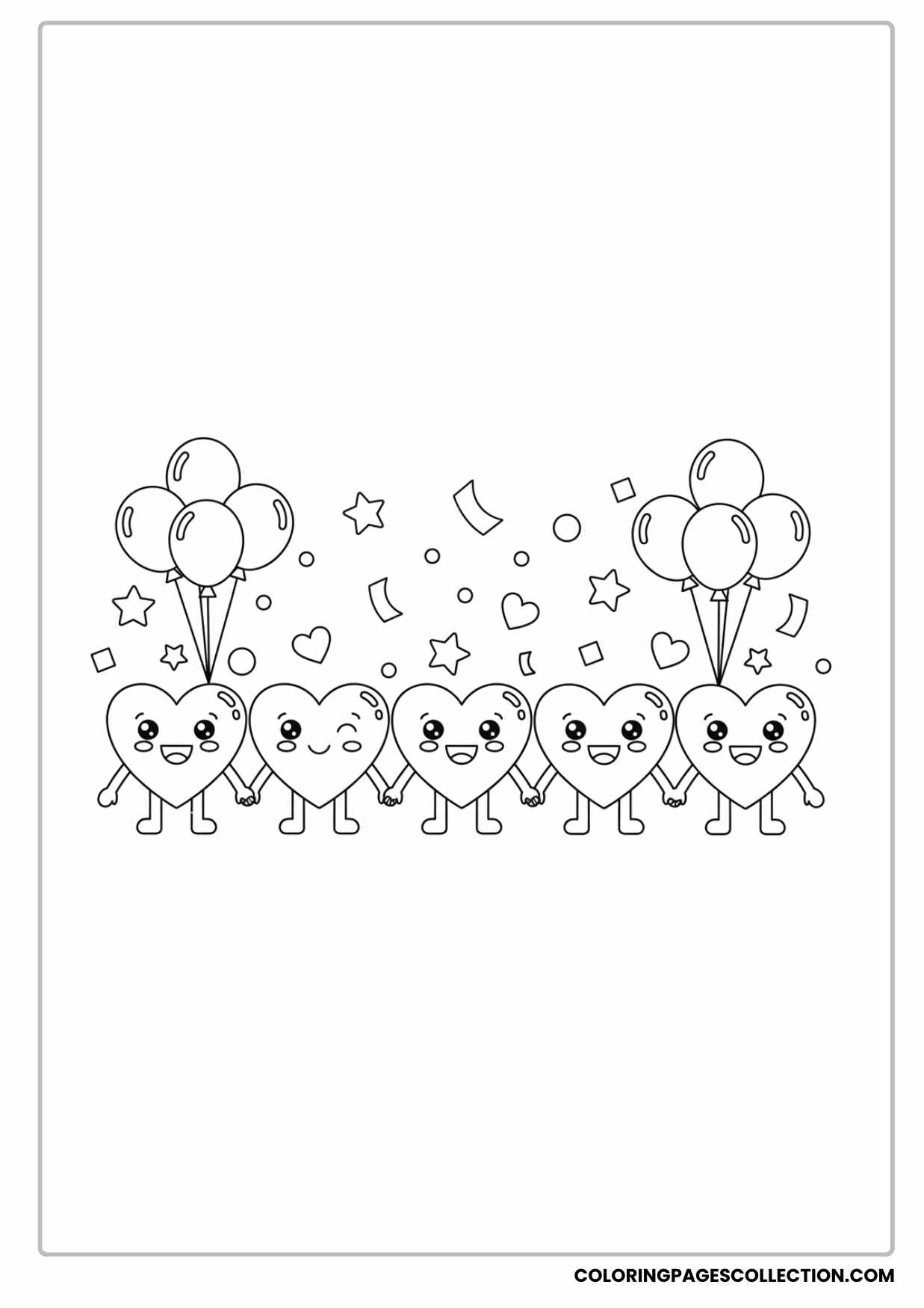 Cute Smiling Heart Characters Holding Hands With Confetti and Balloons Coloring Page