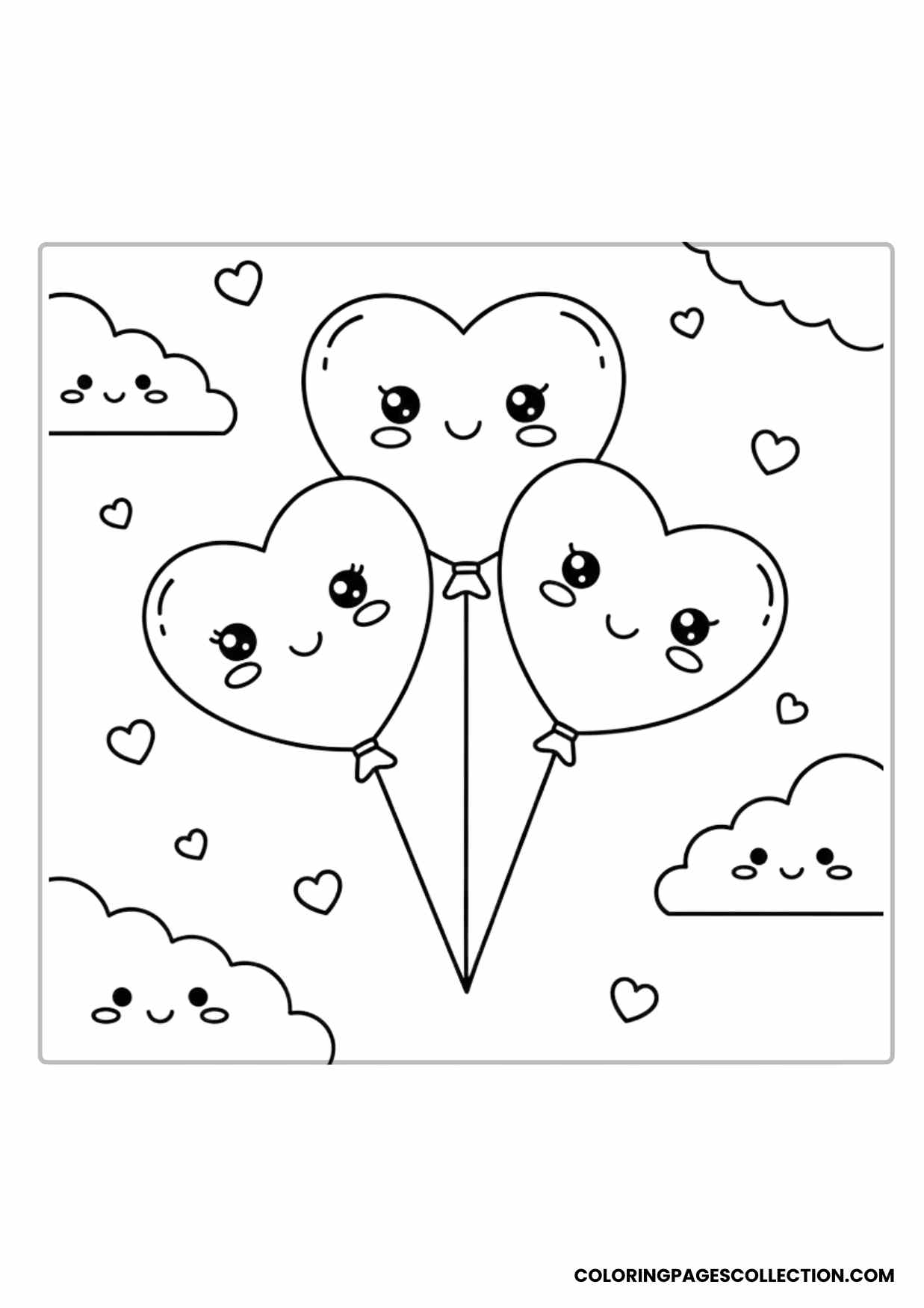 Kawaii Heart Balloons With Smiling Faces and Clouds Coloring Page