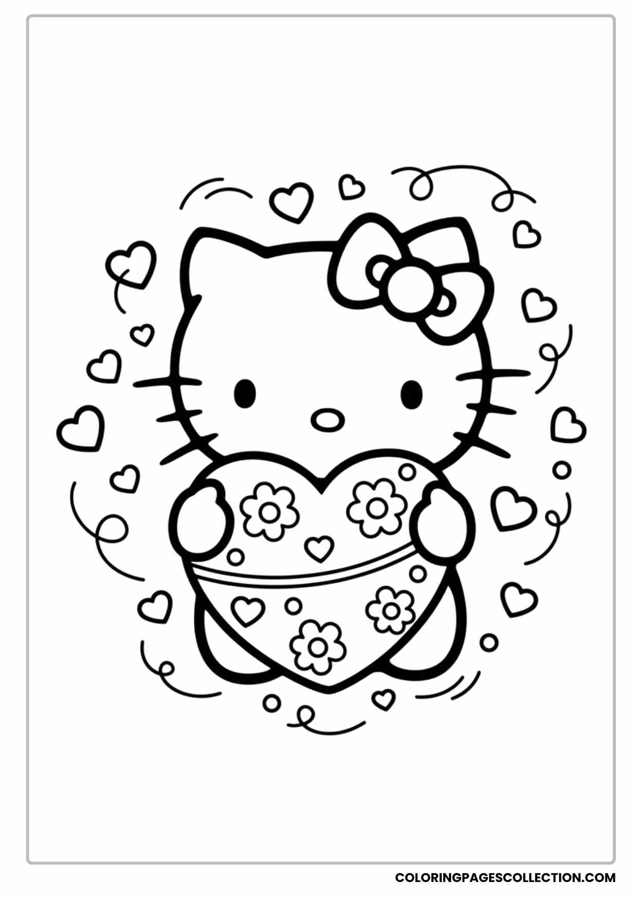 Hello Kitty Holding Valentine Heart With Flowers and Tiny Hearts Coloring Page