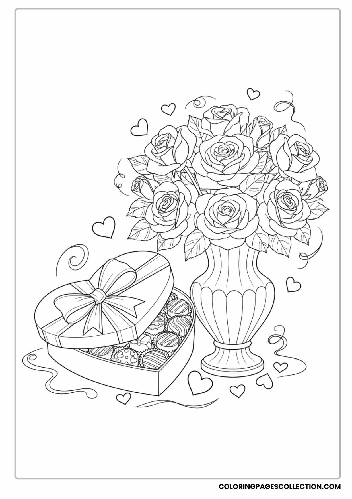 Valentine’s Day Chocolate Box and Rose Bouquet Coloring Sheet